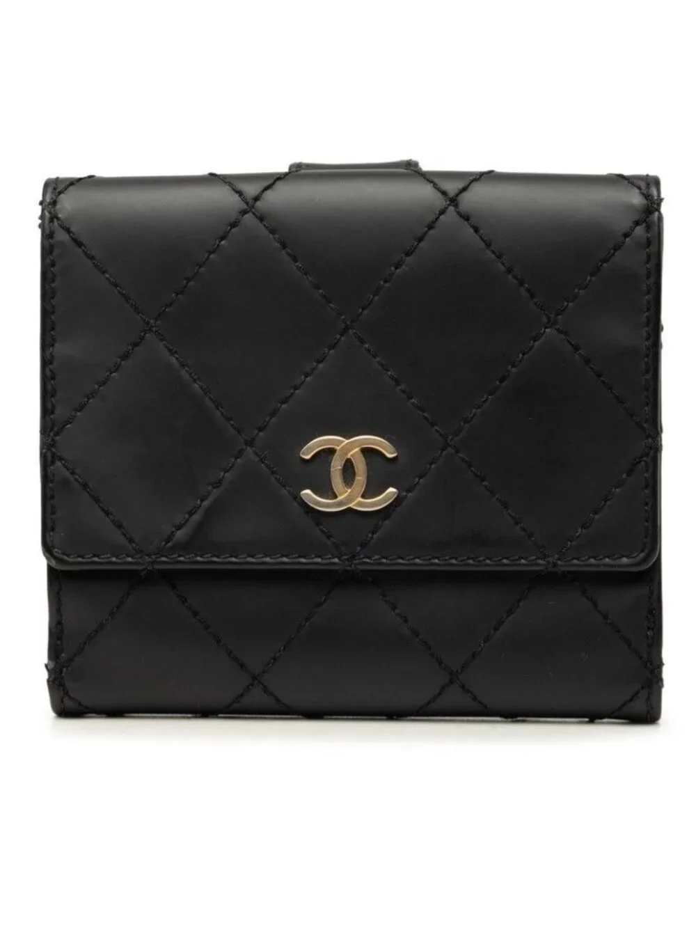 Chanel Wild Stitch CC Logo Bifold Wallet Black Gold Leather